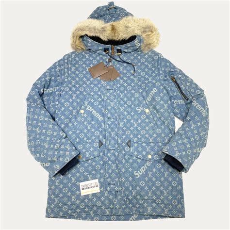 supreme louis vuitton parka blue|supreme Louis Vuitton trucker jacket.